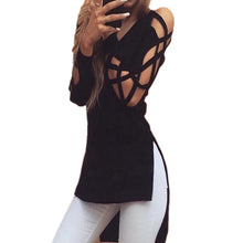 Sexy V Neck Long Sleeve T Shirts Women Irregular Hem T-shirt Hollow out Casual Split Tees Loose Tops Black M0395