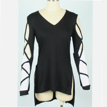 Sexy V Neck Long Sleeve T Shirts Women Irregular Hem T-shirt Hollow out Casual Split Tees Loose Tops Black M0395