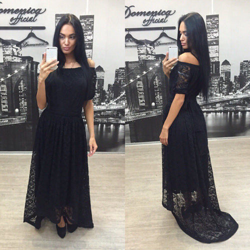 Sexy Women Lace Dresses Casual Cold Shoulder Half Sleeve Party Dress Maxi Dress Vestidos Black White Plus Size M0513