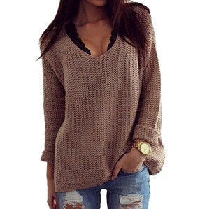 Sexy Women Sweaters Solid Hollow Out V Neck Loose Long-Sleeved Pullover Sweater Outerwear Women Clothing J4170