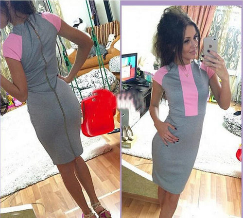 Sexy dress women pink gray color block tight fitted dresses ladies sexy bodycon zipper back dress J3271
