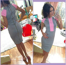 Sexy dress women pink gray color block tight fitted dresses ladies sexy bodycon zipper back dress J3271