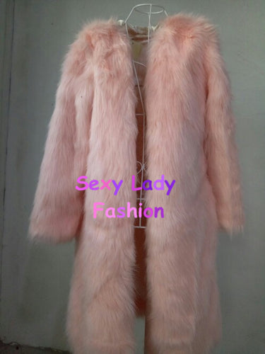 Solid color Long Hairy Shaggy Faux Fox Fur Coat Women V Neck Faux Fur Long Coats Warm Outerwear