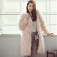 Solid color Long Hairy Shaggy Faux Fox Fur Coat Women V Neck Faux Fur Long Coats Warm Outerwear