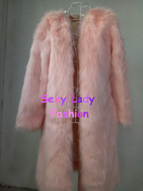 Solid color Long Hairy Shaggy Faux Fox Fur Coat Women V Neck Faux Fur Long Coats Warm Outerwear