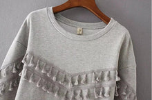 Spliced Tassel Sweatshirt Women's O neck Long Sleeve Casual Mid Long Jumper Fringede Hoodies Sweats Tops Gray
