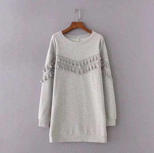 Spliced Tassel Sweatshirt Women's O neck Long Sleeve Casual Mid Long Jumper Fringede Hoodies Sweats Tops Gray