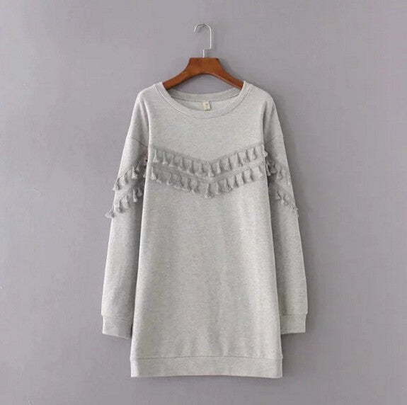 Spliced Tassel Sweatshirt Women's O neck Long Sleeve Casual Mid Long Jumper Fringede Hoodies Sweats Tops Gray