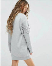 Spliced Tassel Sweatshirt Women's O neck Long Sleeve Casual Mid Long Jumper Fringede Hoodies Sweats Tops Gray