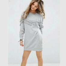 Spliced Tassel Sweatshirt Women's O neck Long Sleeve Casual Mid Long Jumper Fringede Hoodies Sweats Tops Gray