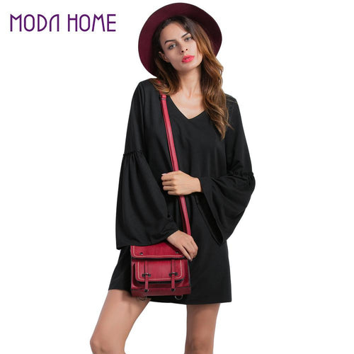 and-fashion-women-flare-sleeve-mini-dress-solidcolor-dress-v-neck-long-sleeve-a-line-elegant-dress-black BBL