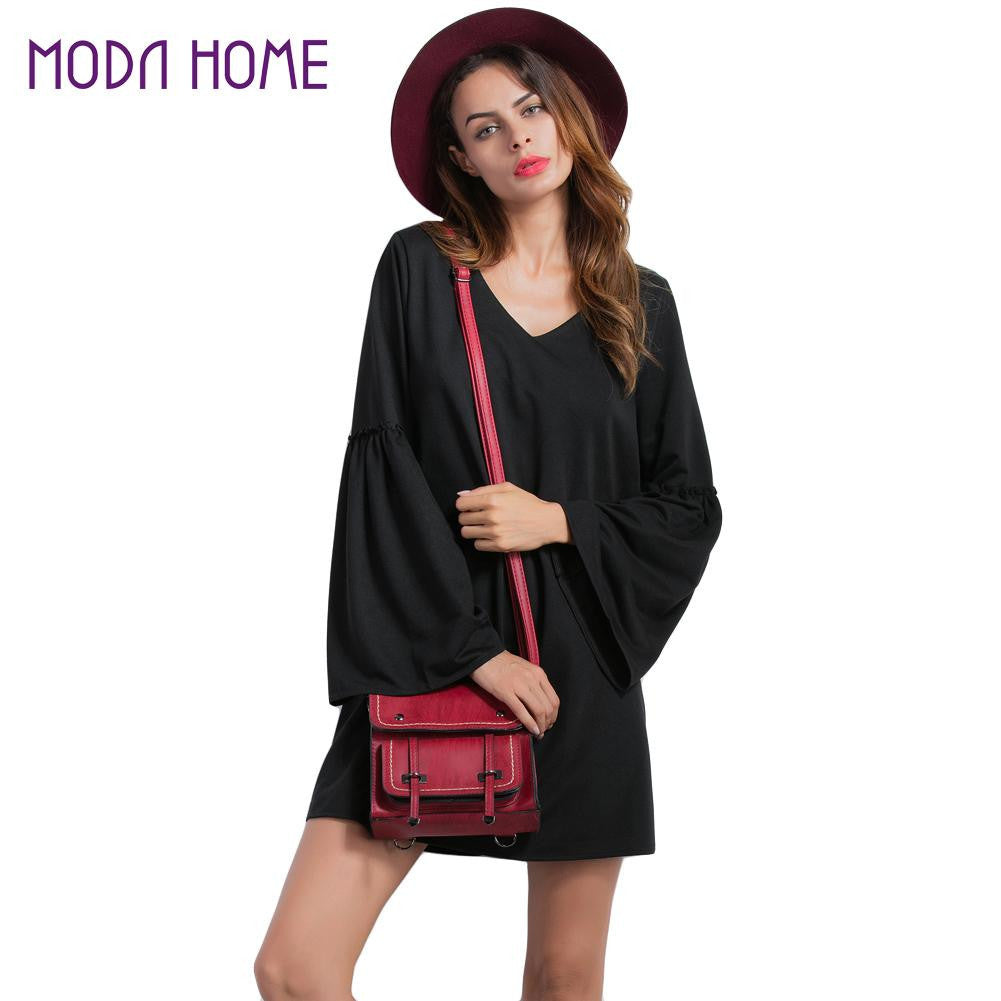 and-fashion-women-flare-sleeve-mini-dress-solidcolor-dress-v-neck-long-sleeve-a-line-elegant-dress-black BBL