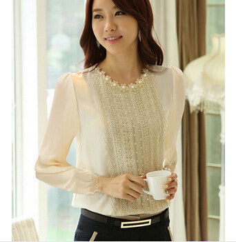 Elegant Women's Long Sleeve Chiffon Blouses Shirts Embroidery Beading OL Tops J1869