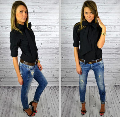Women Blouse Work Shirt Solid Color Casual Slim Big Bowknot Shirts Blusa Femininos Tops M0499