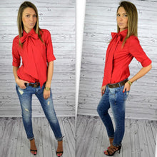 Women Blouse Work Shirt Solid Color Casual Slim Big Bowknot Shirts Blusa Femininos Tops M0499