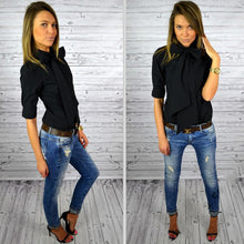 Women Blouse Work Shirt Solid Color Casual Slim Big Bowknot Shirts Blusa Femininos Tops M0499