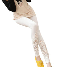 Women Slim Modal Cozy Cotton Knitted Leggings Hollow Out Lace Pants Mid Waist Trousers