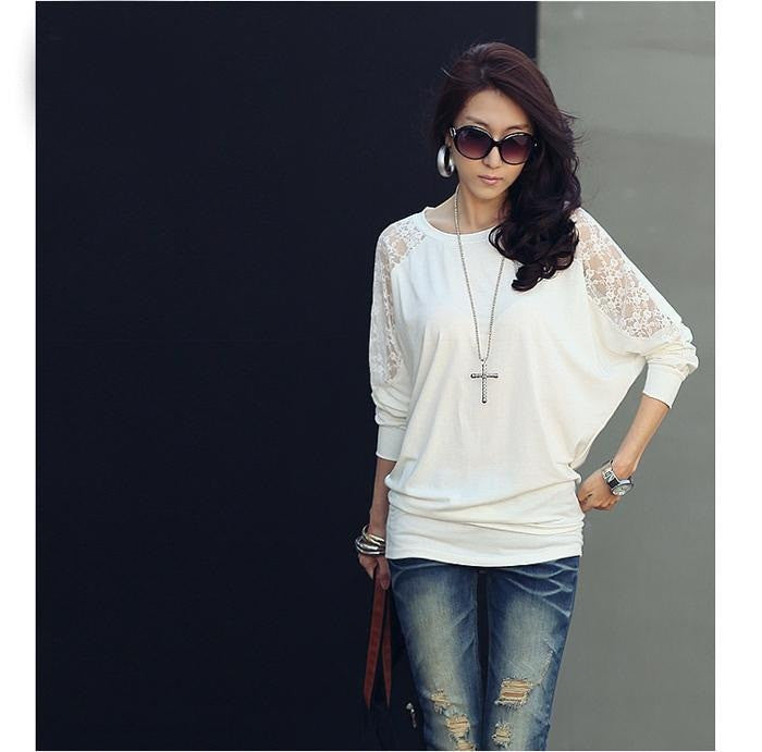 Women's Lace Cutout Women Shirts Long-sleeved Plus Size Casual Loose Blouse Shirts J4179