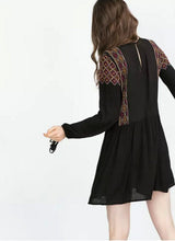 Ethnic Embroidery Geometric Long sleeve Dress Women O neck Stream Cuff Loose Dresses Black Tops femme s m l