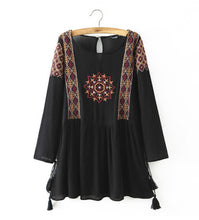 Ethnic Embroidery Geometric Long sleeve Dress Women O neck Stream Cuff Loose Dresses Black Tops femme s m l