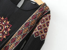Ethnic Embroidery Geometric Long sleeve Dress Women O neck Stream Cuff Loose Dresses Black Tops femme s m l