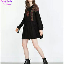 Ethnic Embroidery Geometric Long sleeve Dress Women O neck Stream Cuff Loose Dresses Black Tops femme s m l