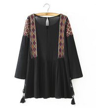 Ethnic Embroidery Geometric Long sleeve Dress Women O neck Stream Cuff Loose Dresses Black Tops femme s m l
