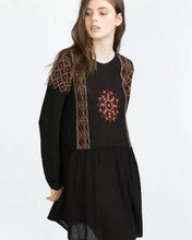 Ethnic Embroidery Geometric Long sleeve Dress Women O neck Stream Cuff Loose Dresses Black Tops femme s m l
