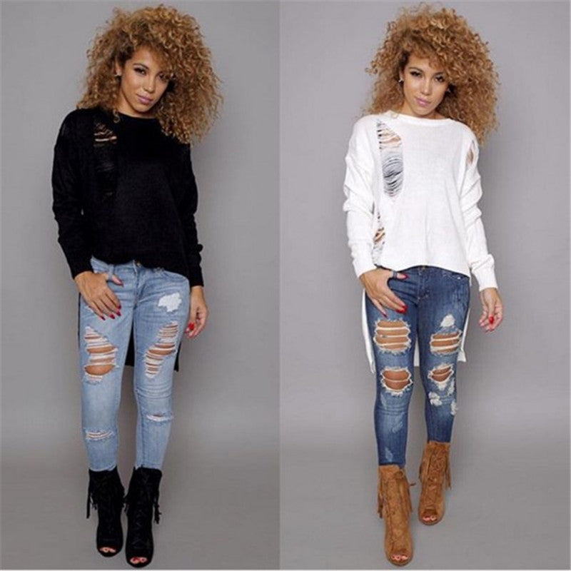 Destroyed Sweaters Knitted Tassel Women Sweaters And Pullovers Long Sleeve Asymmetrical Womens Sweaters