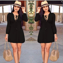 elegant-women-mini-dress-stylish-v-neck-long-sleeve-lace-up-slim-short-casual-office-dress-vestidos-green-black BBL