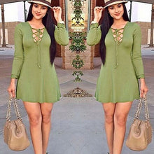 elegant-women-mini-dress-stylish-v-neck-long-sleeve-lace-up-slim-short-casual-office-dress-vestidos-green-black BBL