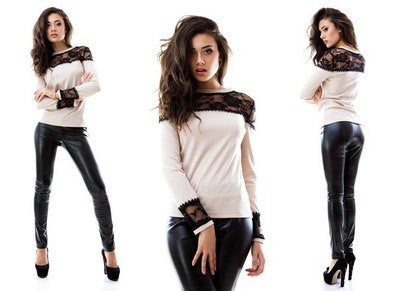 Women long Sleeve T Shirts Casual Lace Patchwork Solid T-Shirts for women 2 color t shirt J6086