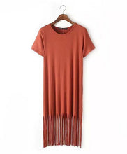 Patchwork Tassel Dress Women Fringed Hem Knitted Cotton O Neck