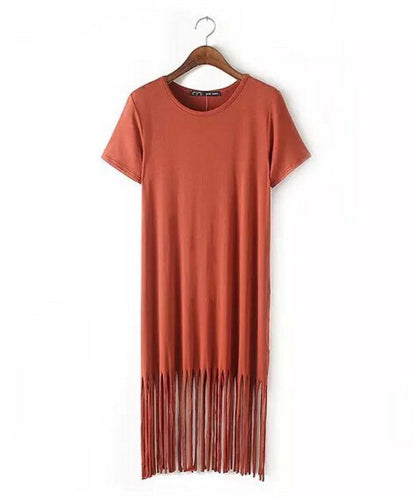 Patchwork Tassel Dress Women Fringed Hem Knitted Cotton O Neck