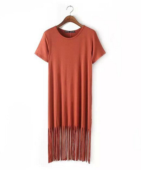Patchwork Tassel Dress Women Fringed Hem Knitted Cotton O Neck