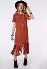 Patchwork Tassel Dress Women Fringed Hem Knitted Cotton O Neck