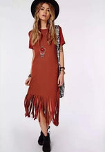 Patchwork Tassel Dress Women Fringed Hem Knitted Cotton O Neck