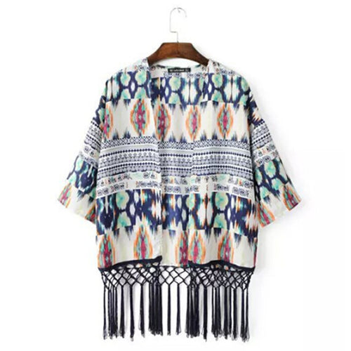 Vintage Print Tassel Kimono Cardigan Blusa Feminina Women Fringed Kimono Shirts Jackets Sunscreen