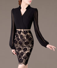 Women Bodycon Dress V-Neck Lantern Sleeve Sexy Chiffon Black Lace Lady Dress Elegant Package Hip Vestidos J2138