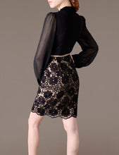 Women Bodycon Dress V-Neck Lantern Sleeve Sexy Chiffon Black Lace Lady Dress Elegant Package Hip Vestidos J2138