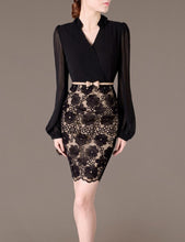 Women Bodycon Dress V-Neck Lantern Sleeve Sexy Chiffon Black Lace Lady Dress Elegant Package Hip Vestidos J2138