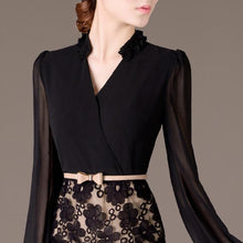 Women Bodycon Dress V-Neck Lantern Sleeve Sexy Chiffon Black Lace Lady Dress Elegant Package Hip Vestidos J2138