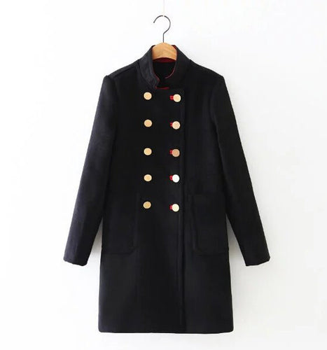 Stand collar Double breasted wool blend Trench Women Long sleeve Mid Long Windbreaker Coat Outerwear Black