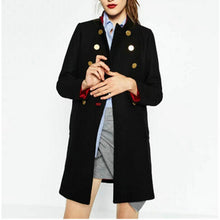 Stand collar Double breasted wool blend Trench Women Long sleeve Mid Long Windbreaker Coat Outerwear Black