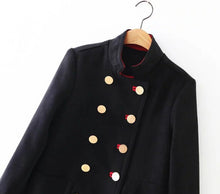 Stand collar Double breasted wool blend Trench Women Long sleeve Mid Long Windbreaker Coat Outerwear Black