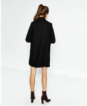 Stand collar Double breasted wool blend Trench Women Long sleeve Mid Long Windbreaker Coat Outerwear Black