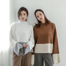 Stand collar Slit Flare Sleeve Sweater Women Contrast color Knitwear Jumper Pullovers kleding jerseis femme
