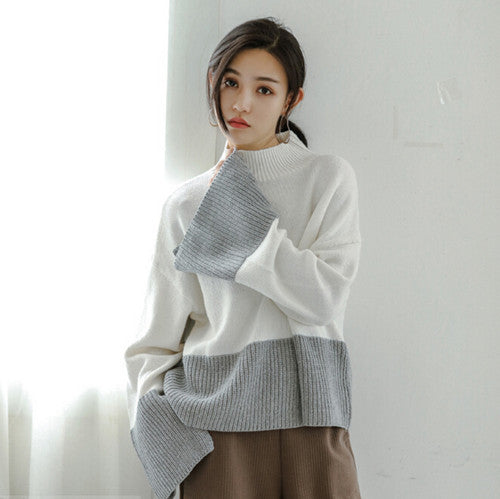 Stand collar Slit Flare Sleeve Sweater Women Contrast color Knitwear Jumper Pullovers kleding jerseis femme