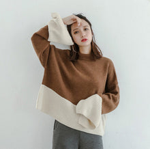 Stand collar Slit Flare Sleeve Sweater Women Contrast color Knitwear Jumper Pullovers kleding jerseis femme