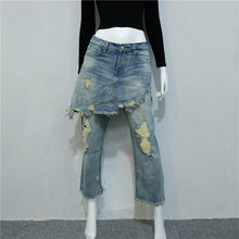 Street S Ripped Jeans Woman Fake 2 Piece Skirt Pants Denim Big Hole Destroyed Women Jeans High Waist Jeans Femme